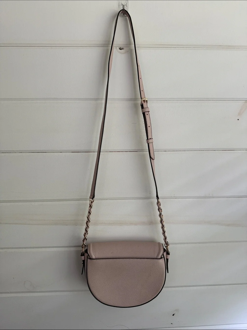 Michael Kors Pink Pebbled Leather Saddle Crossbody with Gold Chain